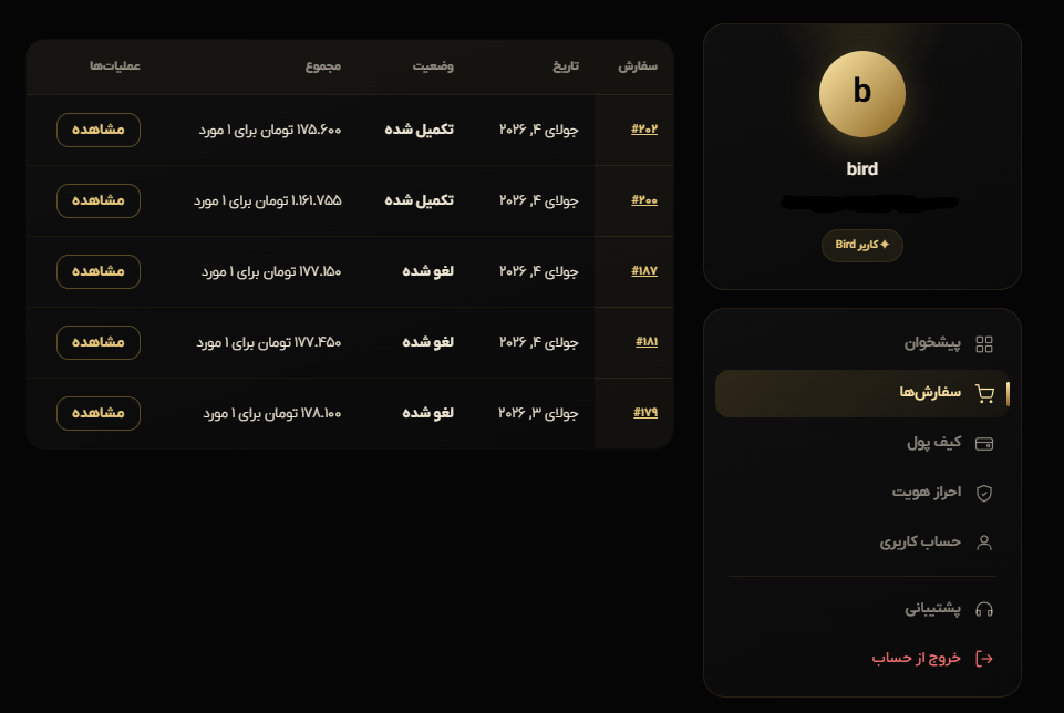 اسکرین‌شات بخش سفارش‌ها در پنل کاربری برد