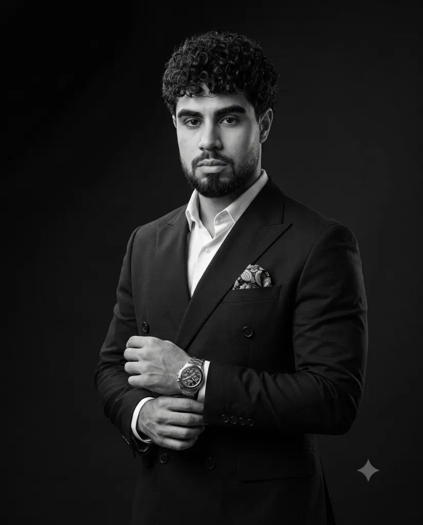پرامپت عکس کت و شلوار مشکی، پرتره استودیویی سیاه و سفید